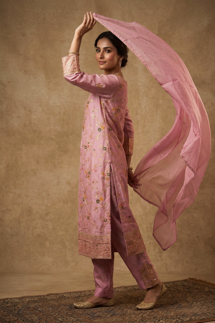 Soft Pink Banarasi Satin Silk Kurti Set