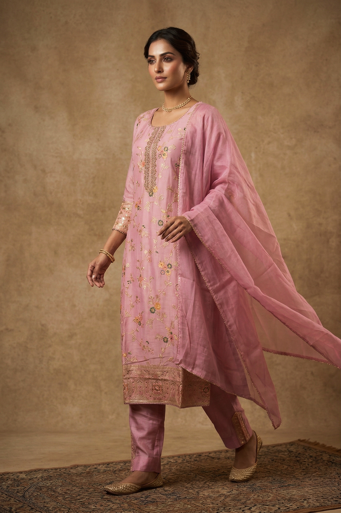 Soft Pink Banarasi Satin Silk Kurti Set