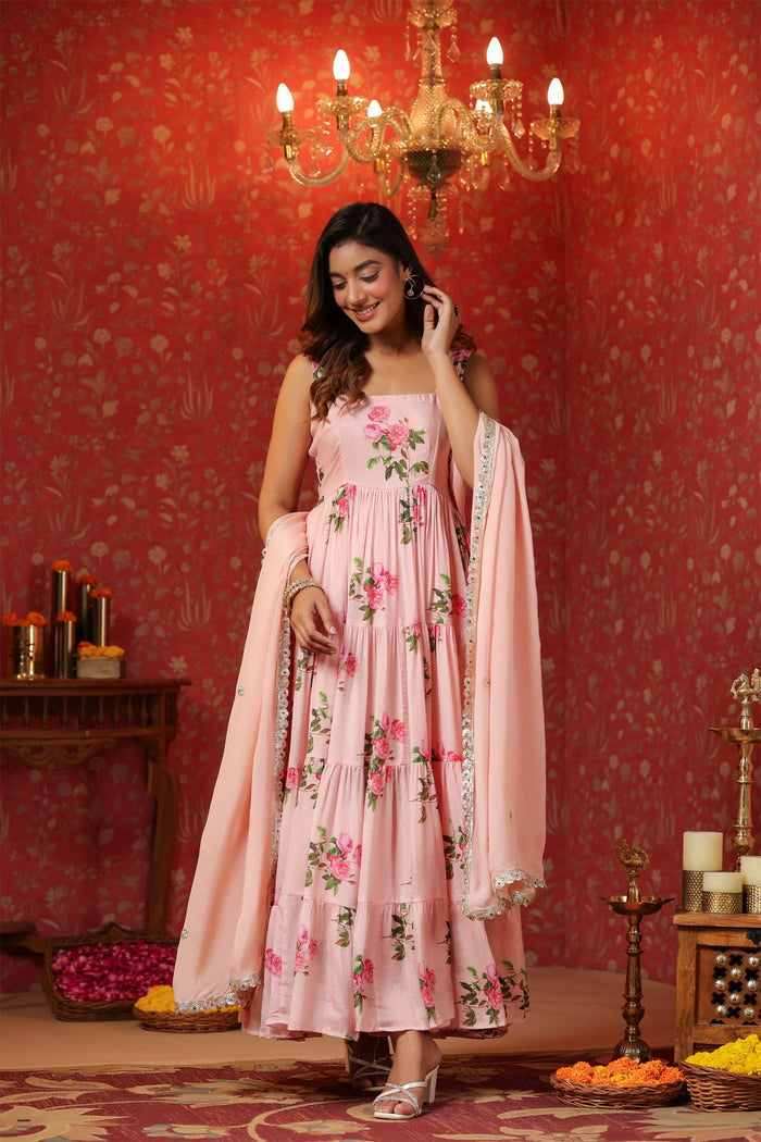 <img> Soft Pink Chinon Floral Printed Anarkali Set