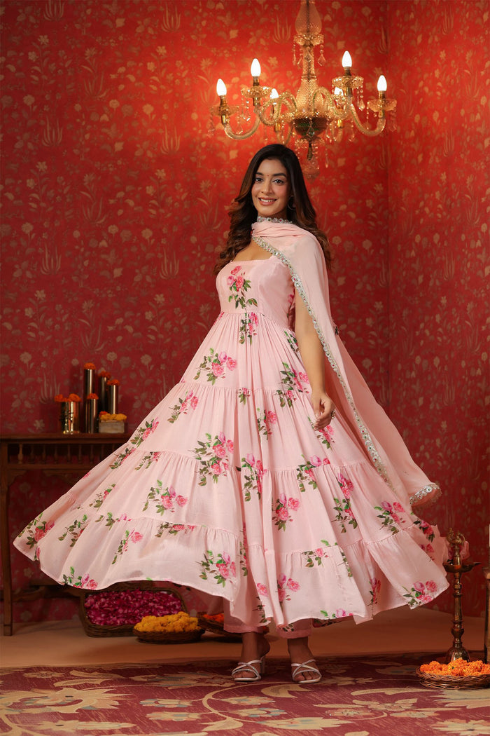 <img> Soft Pink Chinon Floral Printed Anarkali Set