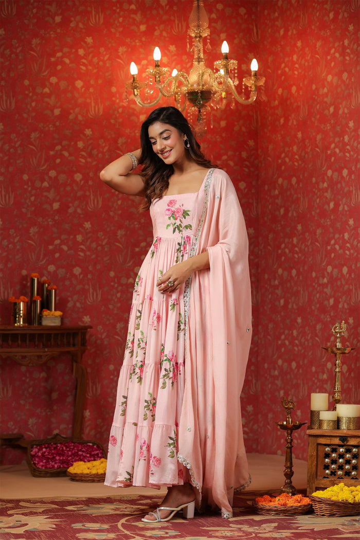 <img> Soft Pink Chinon Floral Printed Anarkali Set