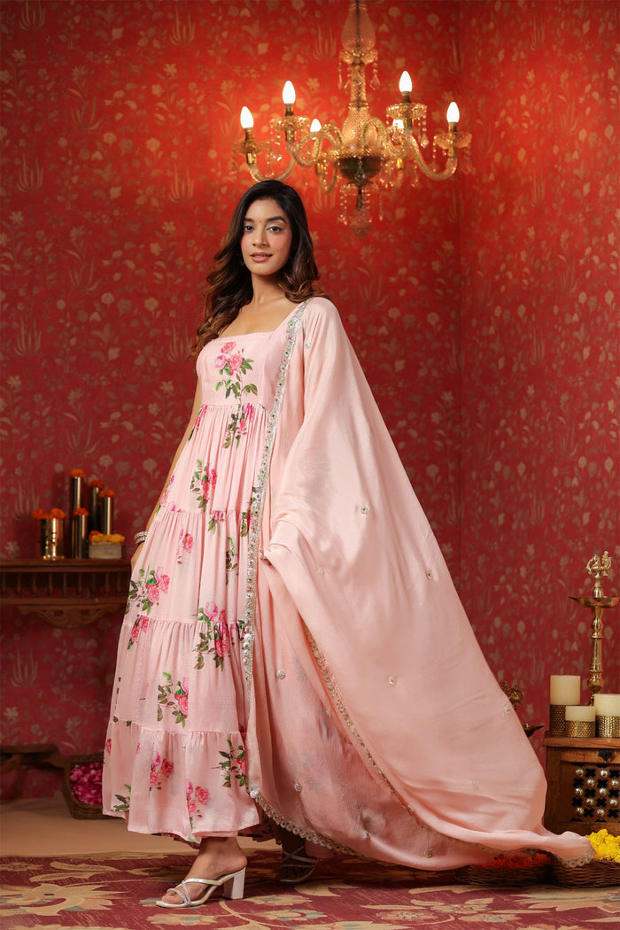 <img> Soft Pink Chinon Floral Printed Anarkali Set