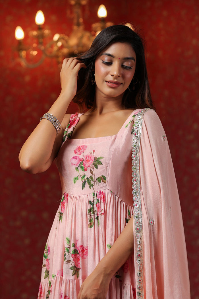 <img> Soft Pink Chinon Floral Printed Anarkali Set