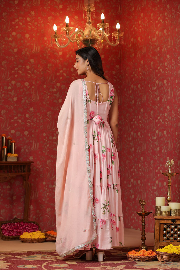 <img> Soft Pink Chinon Floral Printed Anarkali Set