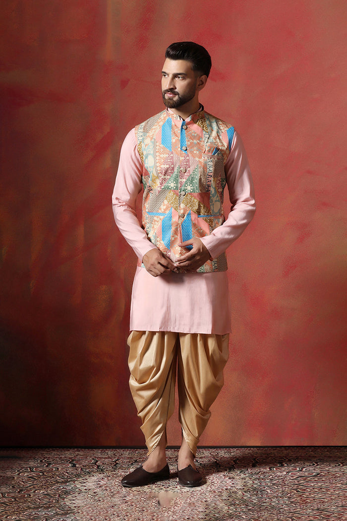 Soft Pink Cotton Blend Kurta Set With Nehru Jacket