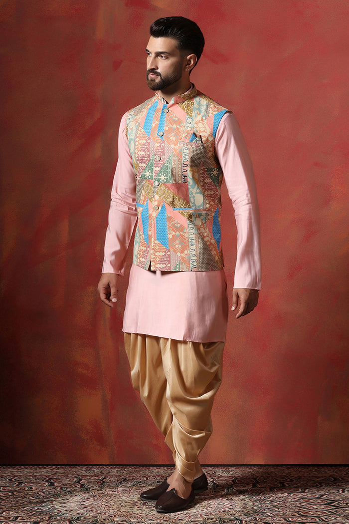 Soft Pink Cotton Blend Kurta Set With Nehru Jacket