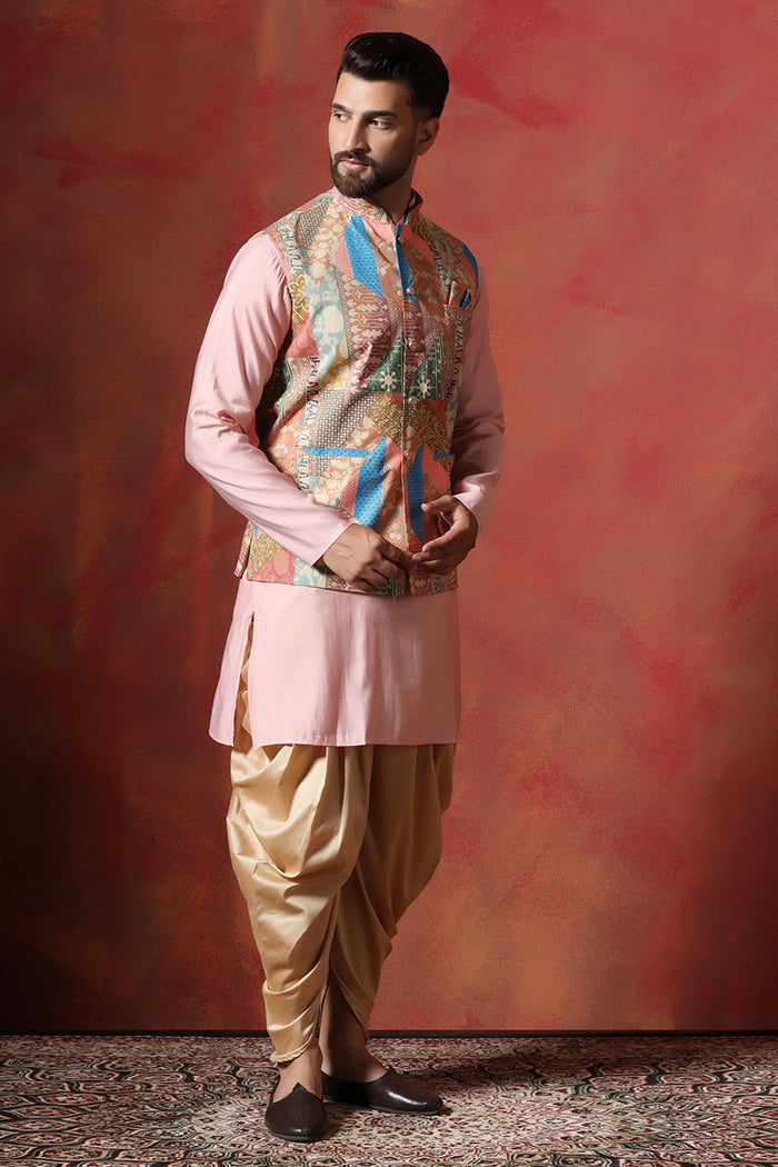 Soft Pink Cotton Blend Kurta Set With Nehru Jacket