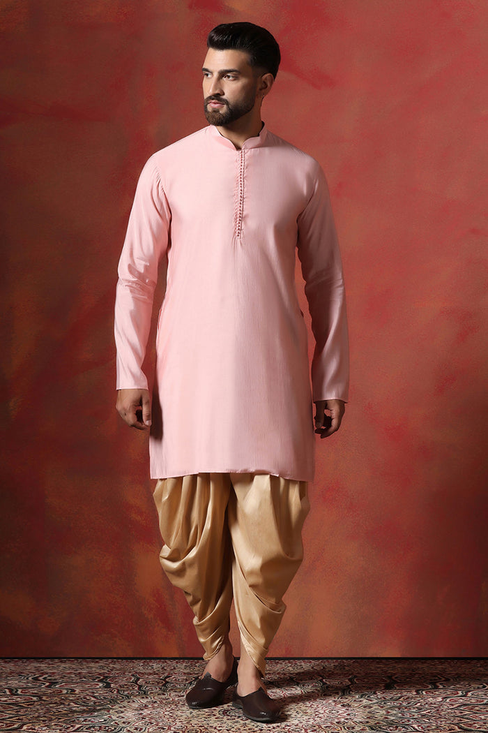 Soft Pink Cotton Blend Kurta Set With Nehru Jacket