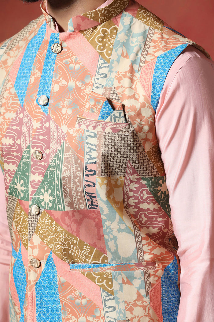 Soft Pink Cotton Blend Kurta Set With Nehru Jacket