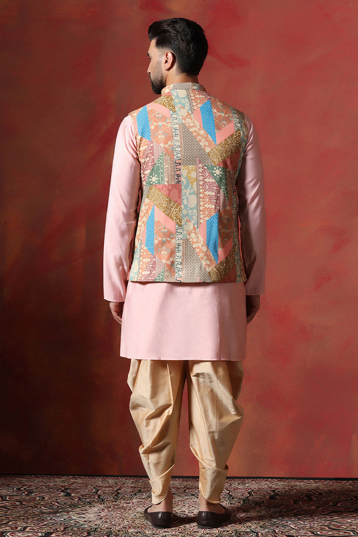 Soft Pink Cotton Blend Kurta Set With Nehru Jacket