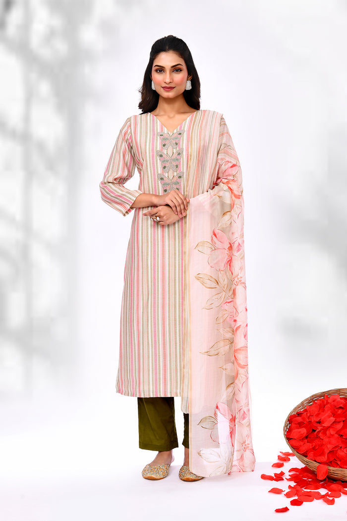 Soft Pink Cotton Butterfly Design Kurta Set