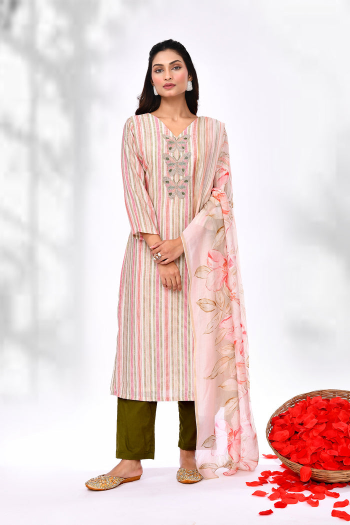 Soft Pink Cotton Butterfly Design Kurta Set