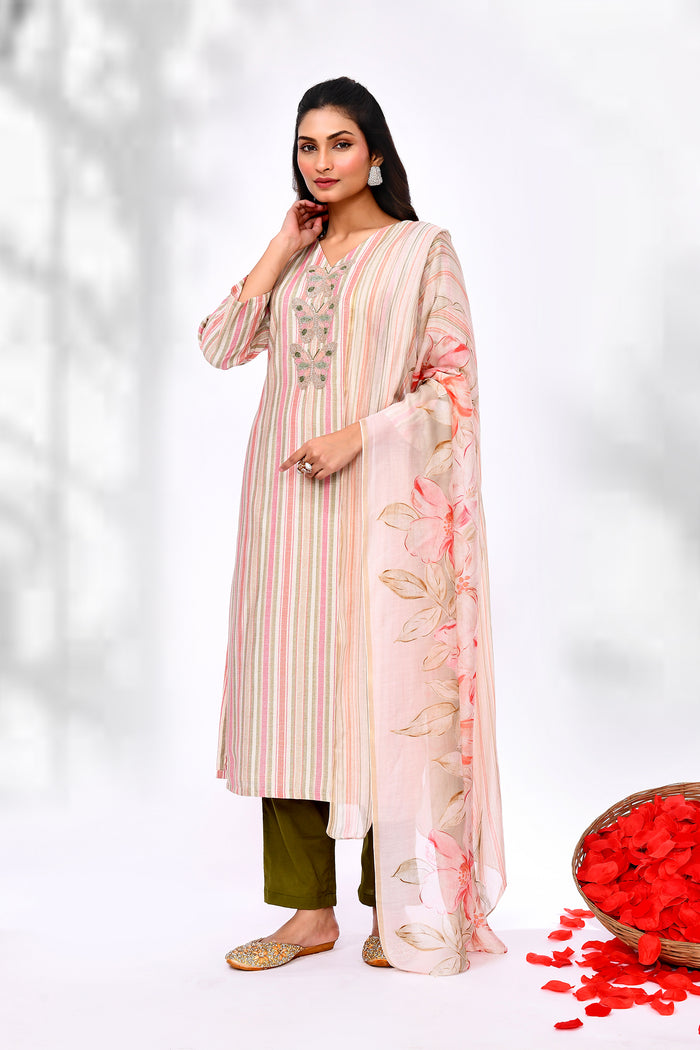Soft Pink Cotton Butterfly Design Kurta Set