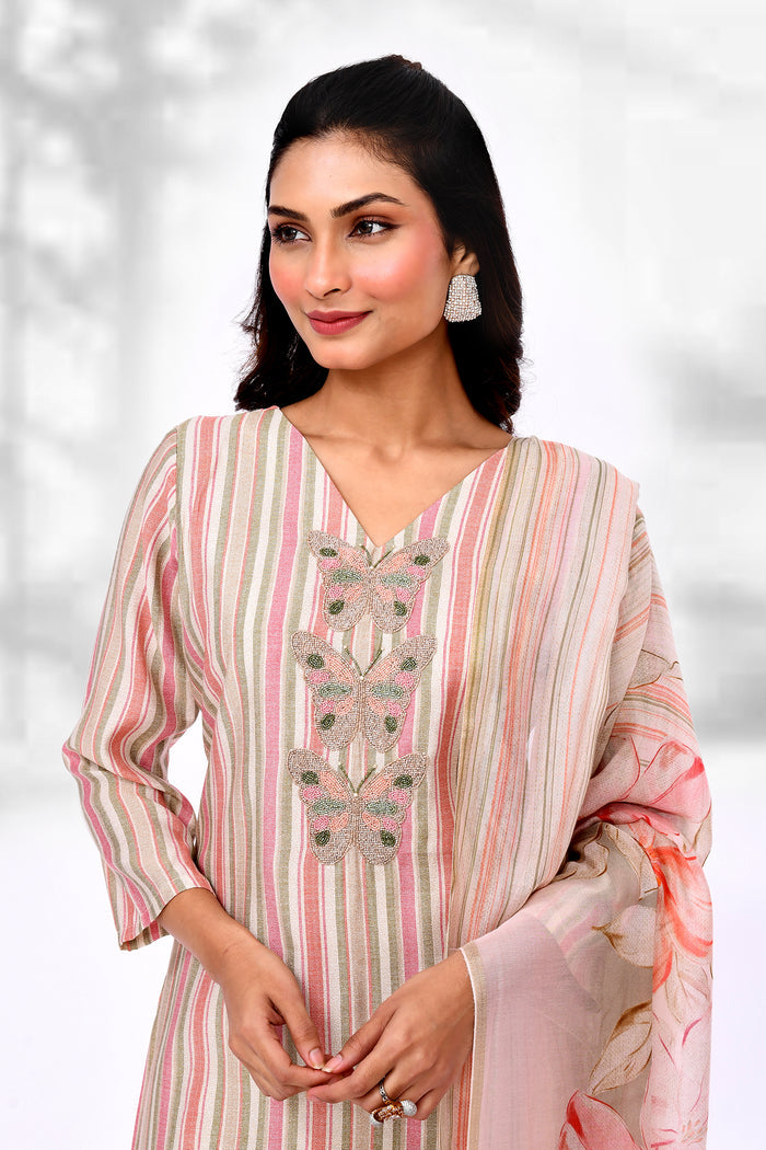 Soft Pink Cotton Butterfly Design Kurta Set