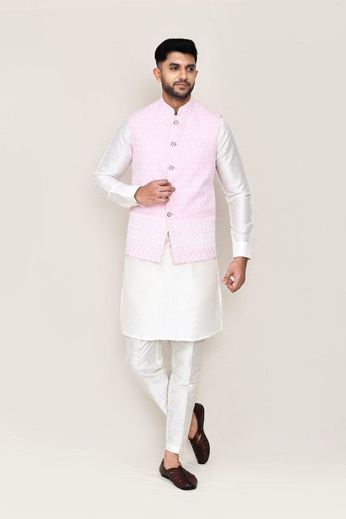 Soft Pink Cotton Jacket With Threadwork