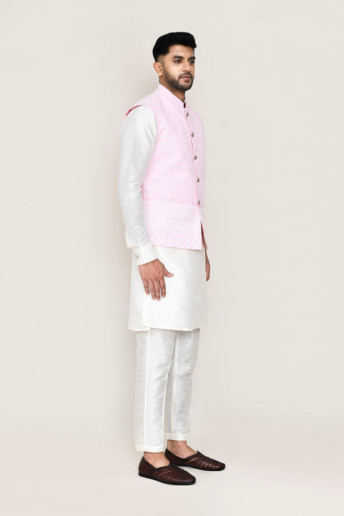 Soft Pink Cotton Jacket With Threadwork