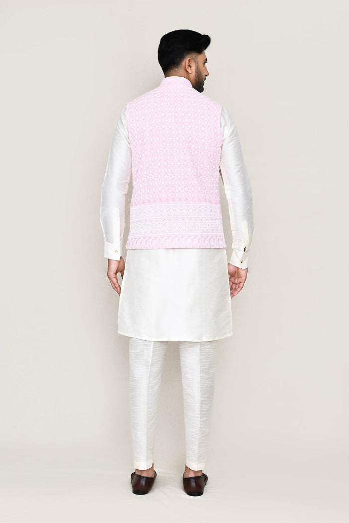 Soft Pink Cotton Jacket With Threadwork