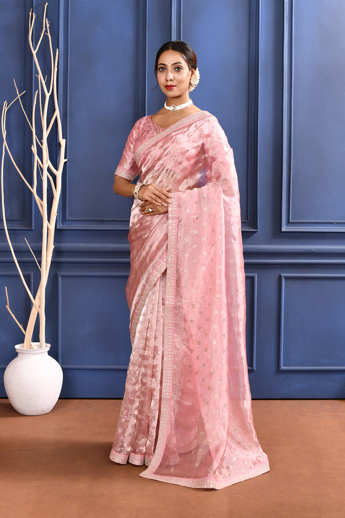 Soft Pink Embroidered Tissue Foil Saree