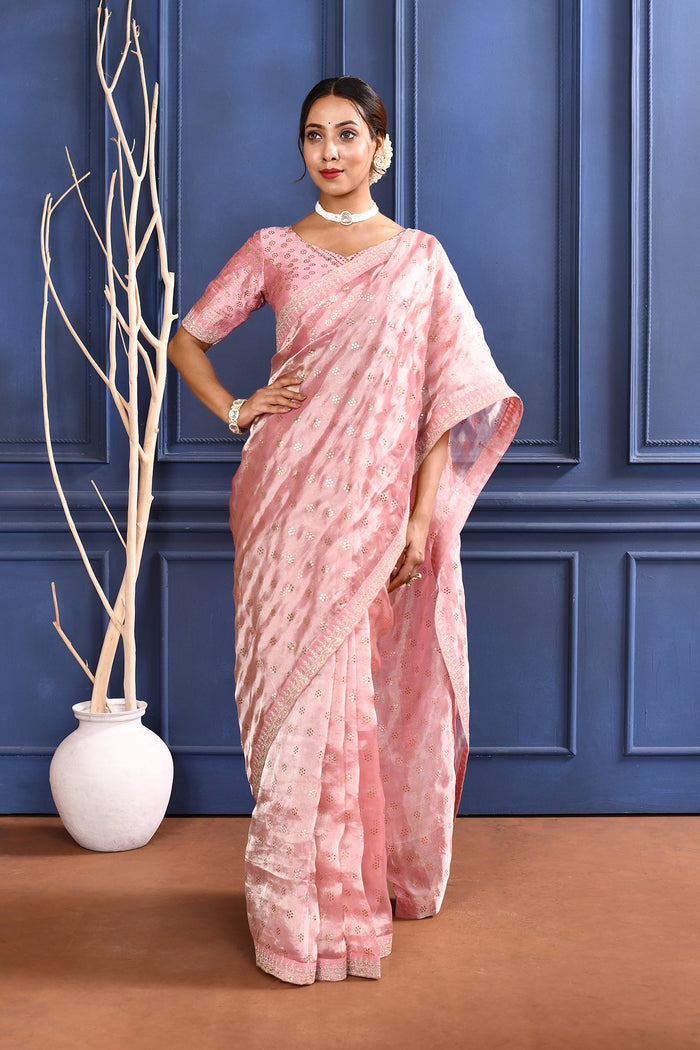 Soft Pink Embroidered Tissue Foil Saree