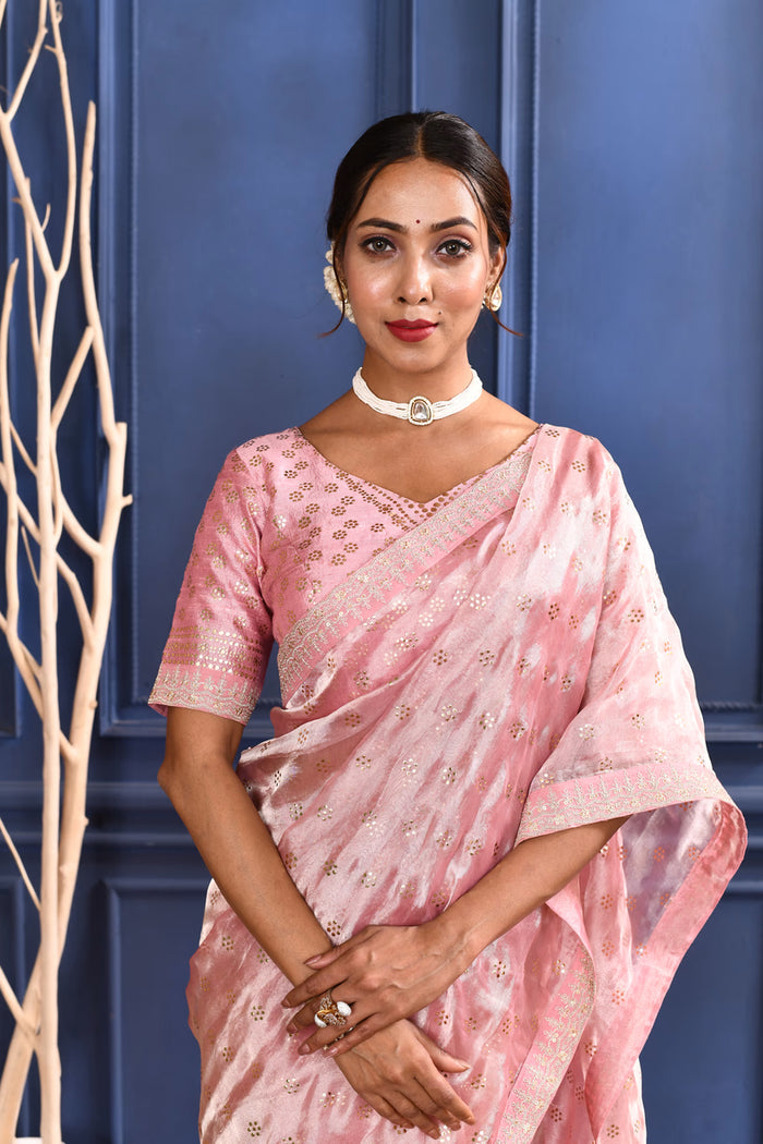 Soft Pink Embroidered Tissue Foil Saree