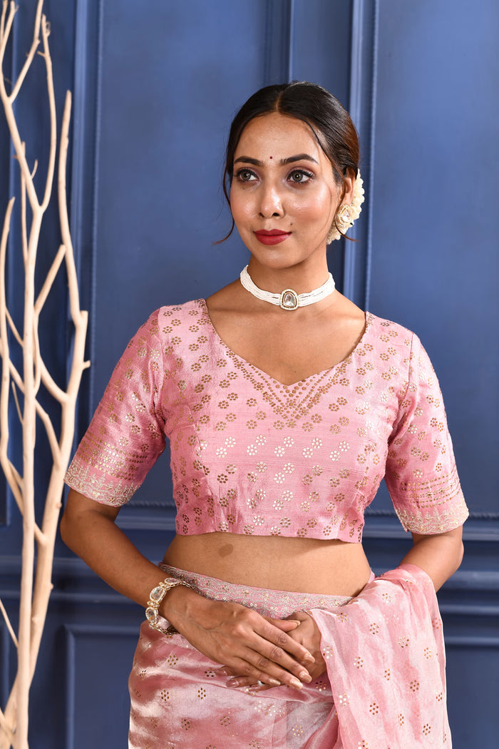 Soft Pink Embroidered Tissue Foil Saree