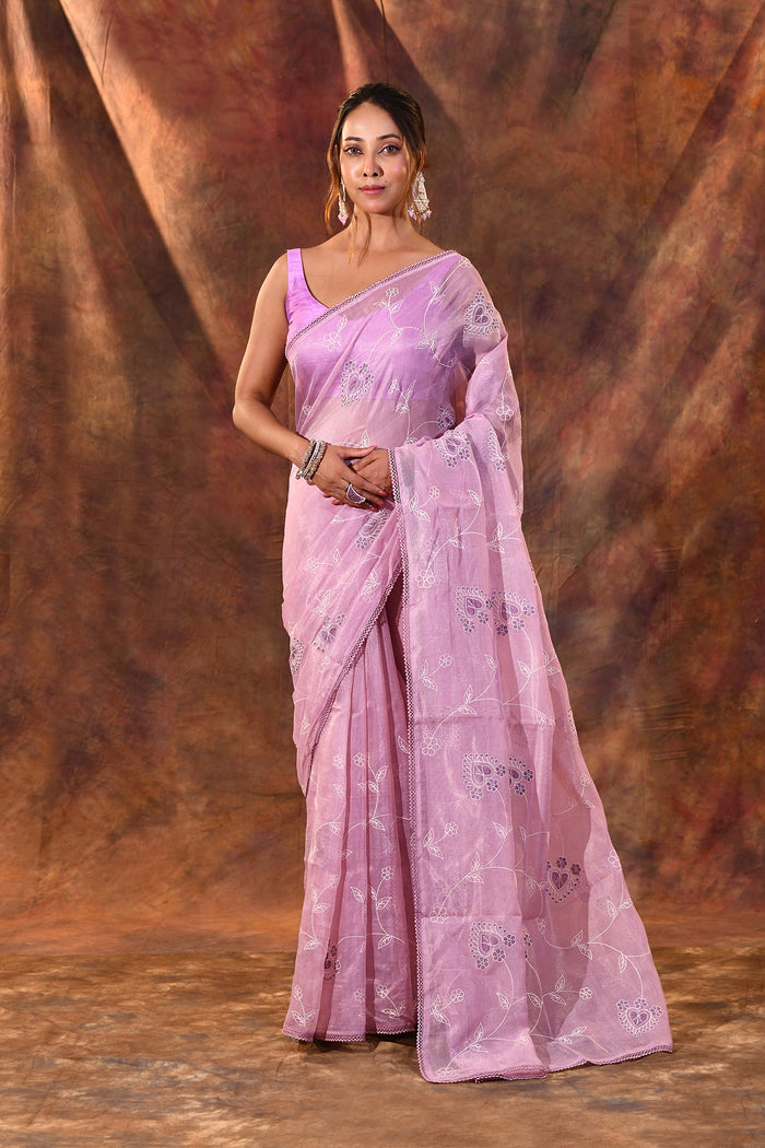 Soft Pink Floral Tissue Organza Saree