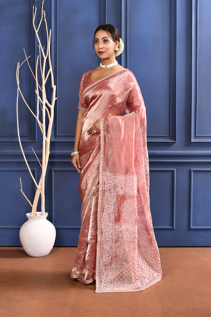 Soft Pink Foil Printed Tissue Saree