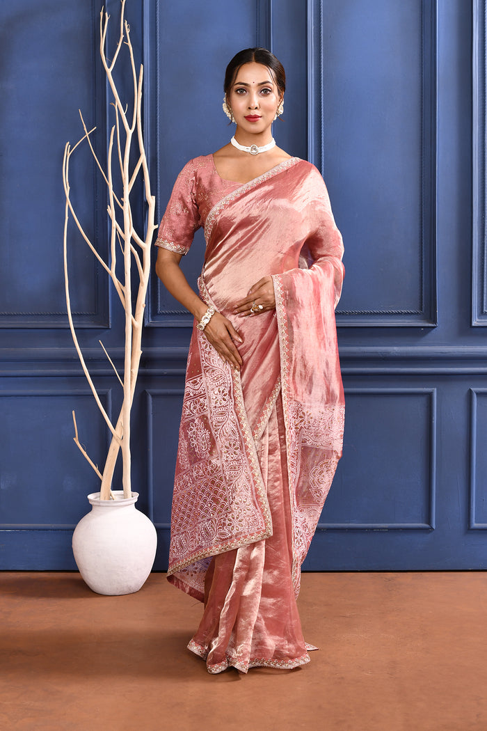 Soft Pink Foil Printed Tissue Saree