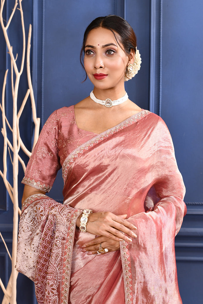 Soft Pink Foil Printed Tissue Saree