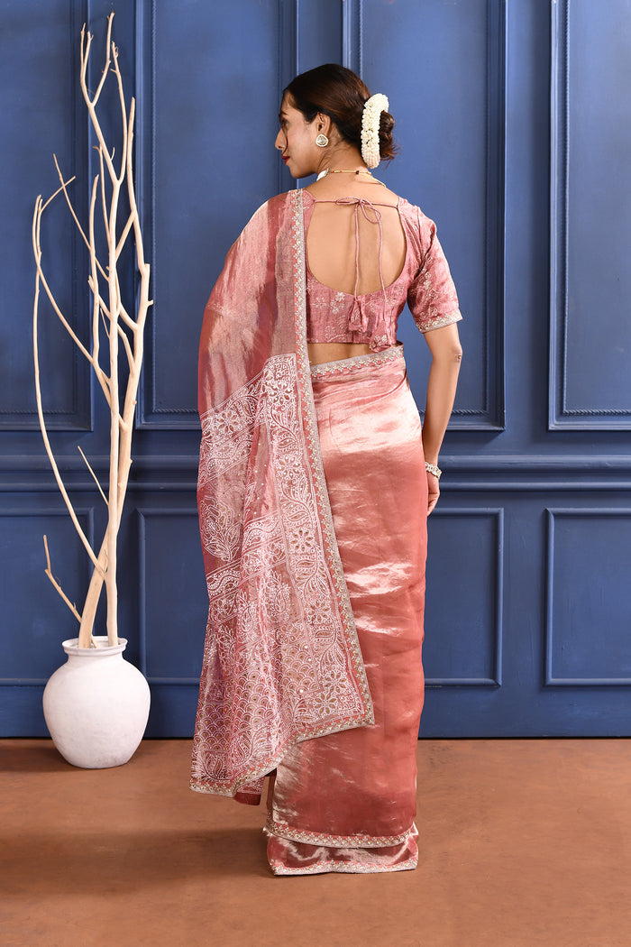 Soft Pink Foil Printed Tissue Saree