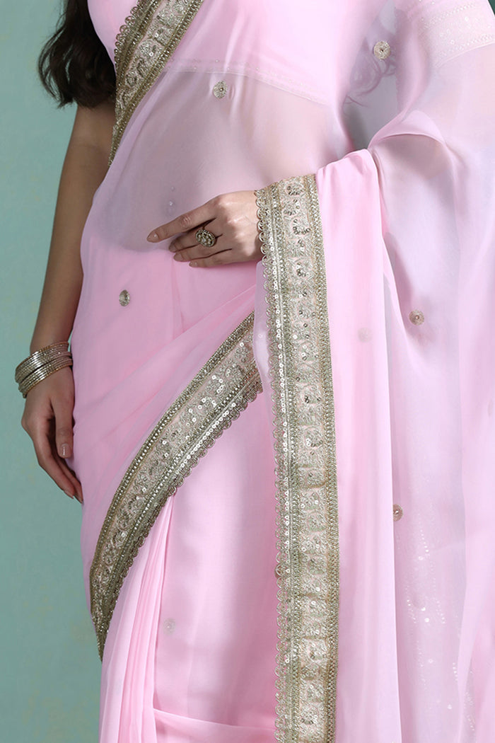 Soft Pink Georgette Embroidered Saree