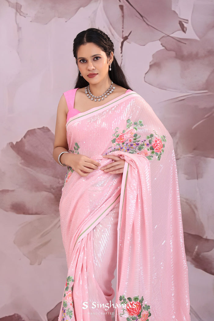 <img> Soft Pink Georgette Saree With Embroidery Work