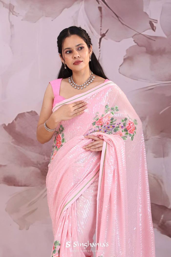 <img> Soft Pink Georgette Saree With Embroidery Work