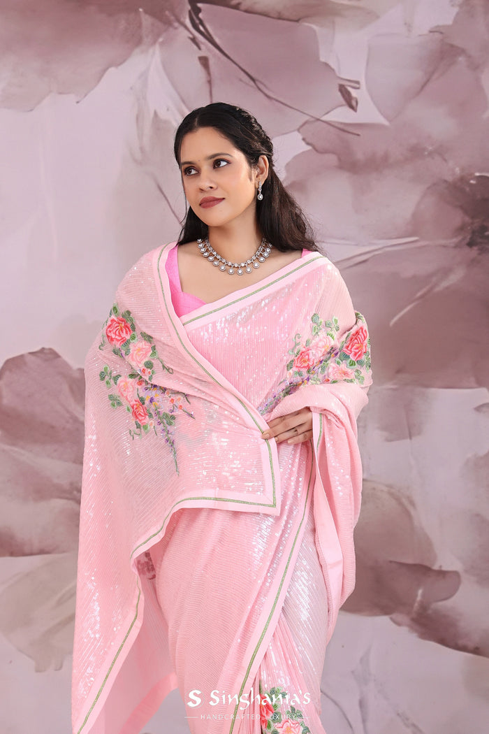<img> Soft Pink Georgette Saree With Embroidery Work