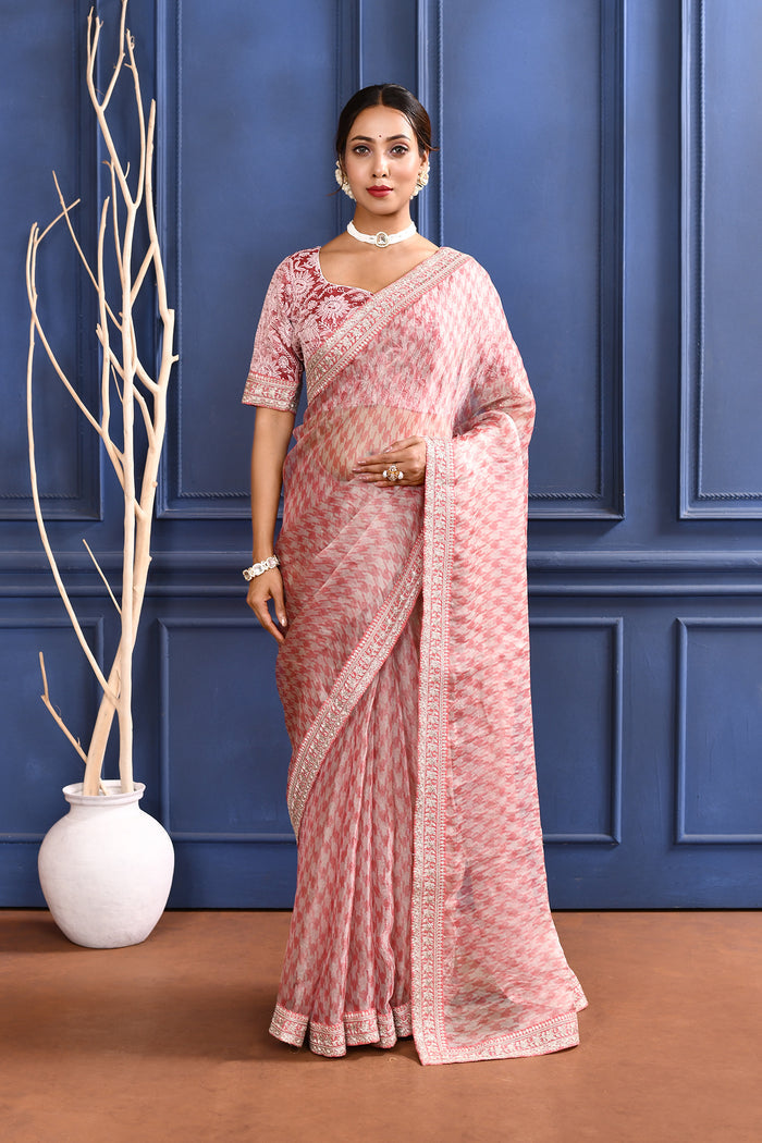 Soft Pink Printed Tissue Saree