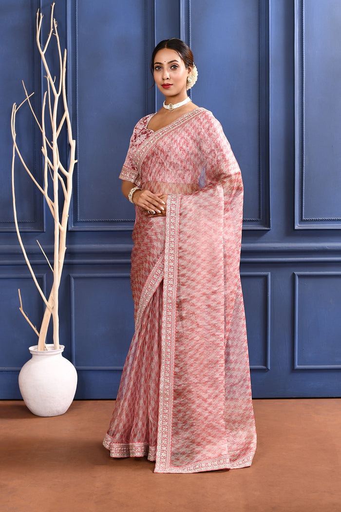 Soft Pink Printed Tissue Saree