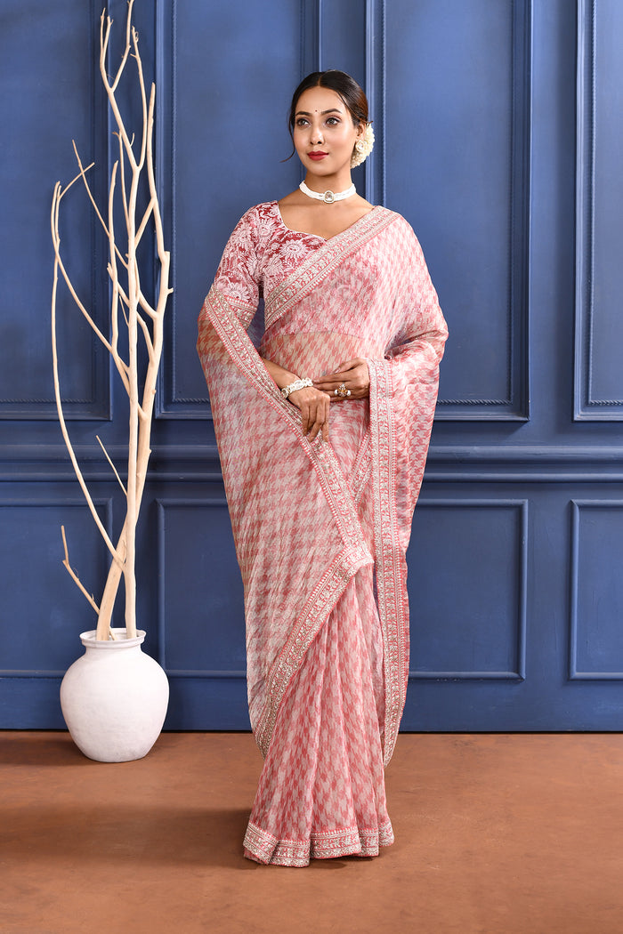 Soft Pink Printed Tissue Saree