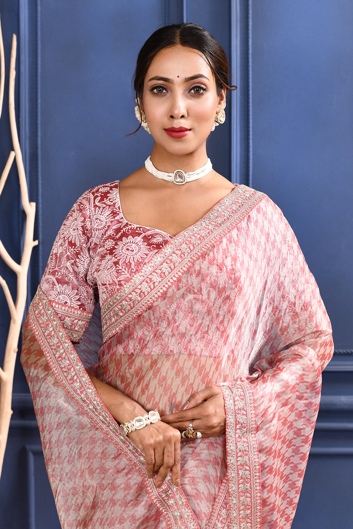 Soft Pink Printed Tissue Saree