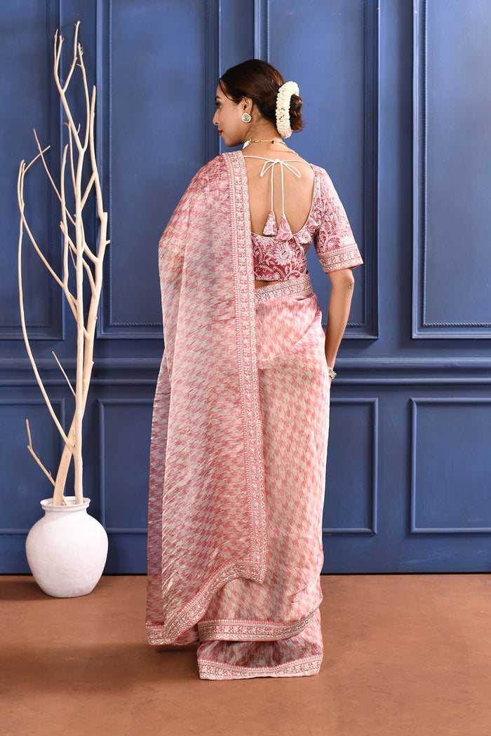 Soft Pink Printed Tissue Saree