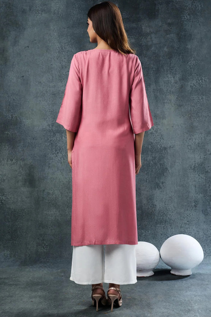 Soft Pink Rayon Kurta Set With Leaf Embroidery
