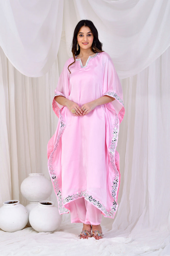 Soft Pink Satin Silk Kaftan Set