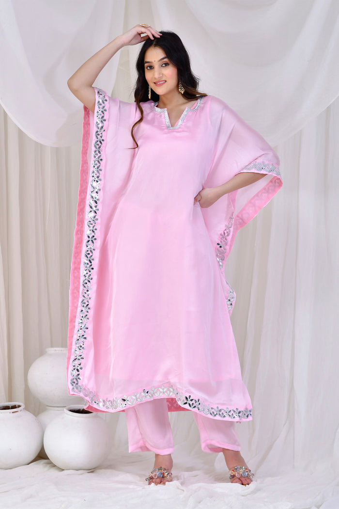 Soft Pink Satin Silk Kaftan Set