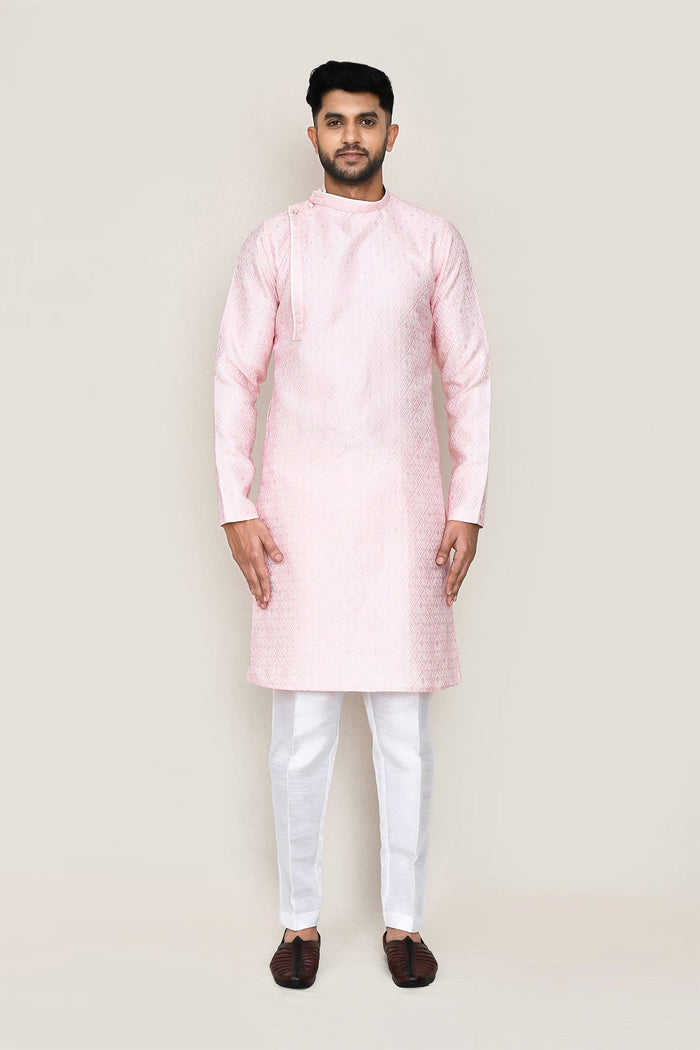 Soft Pink Silk Kurta Set With Boat Neck