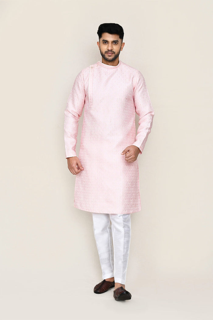 Soft Pink Silk Kurta Set With Boat Neck