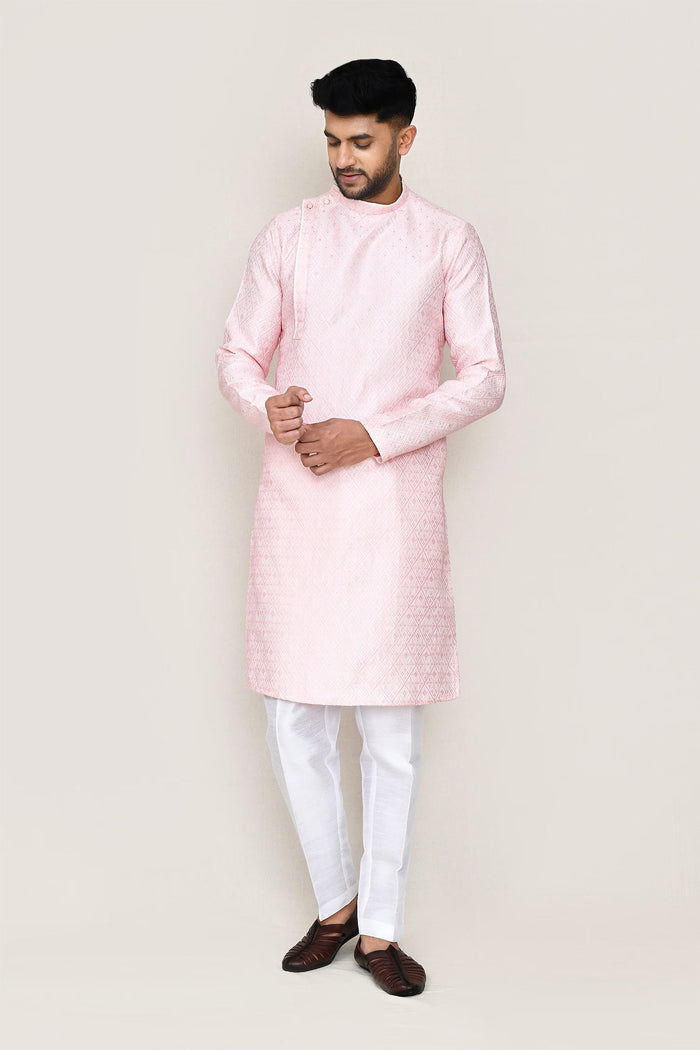 Soft Pink Silk Kurta Set With Boat Neck