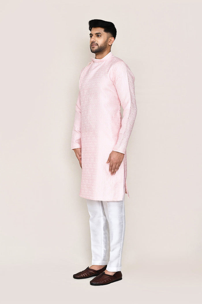 Soft Pink Silk Kurta Set With Boat Neck