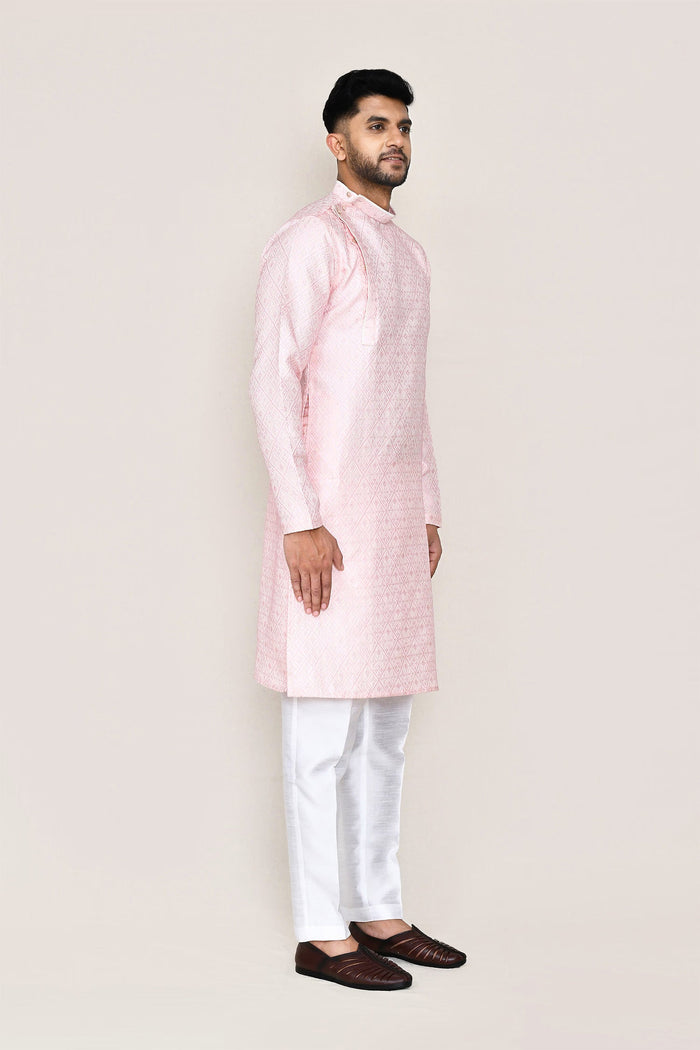 Soft Pink Silk Kurta Set With Boat Neck