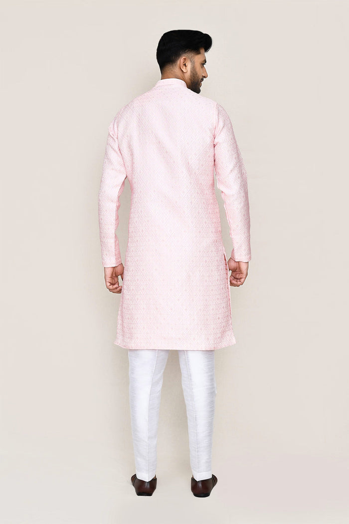 Soft Pink Silk Kurta Set With Boat Neck