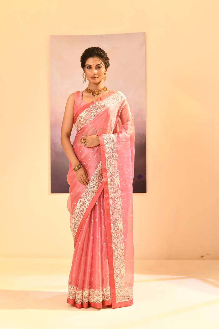 Soft Pink Tissue Embroidered Saree