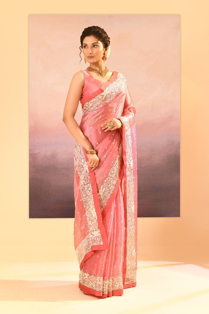 Soft Pink Tissue Embroidered Saree
